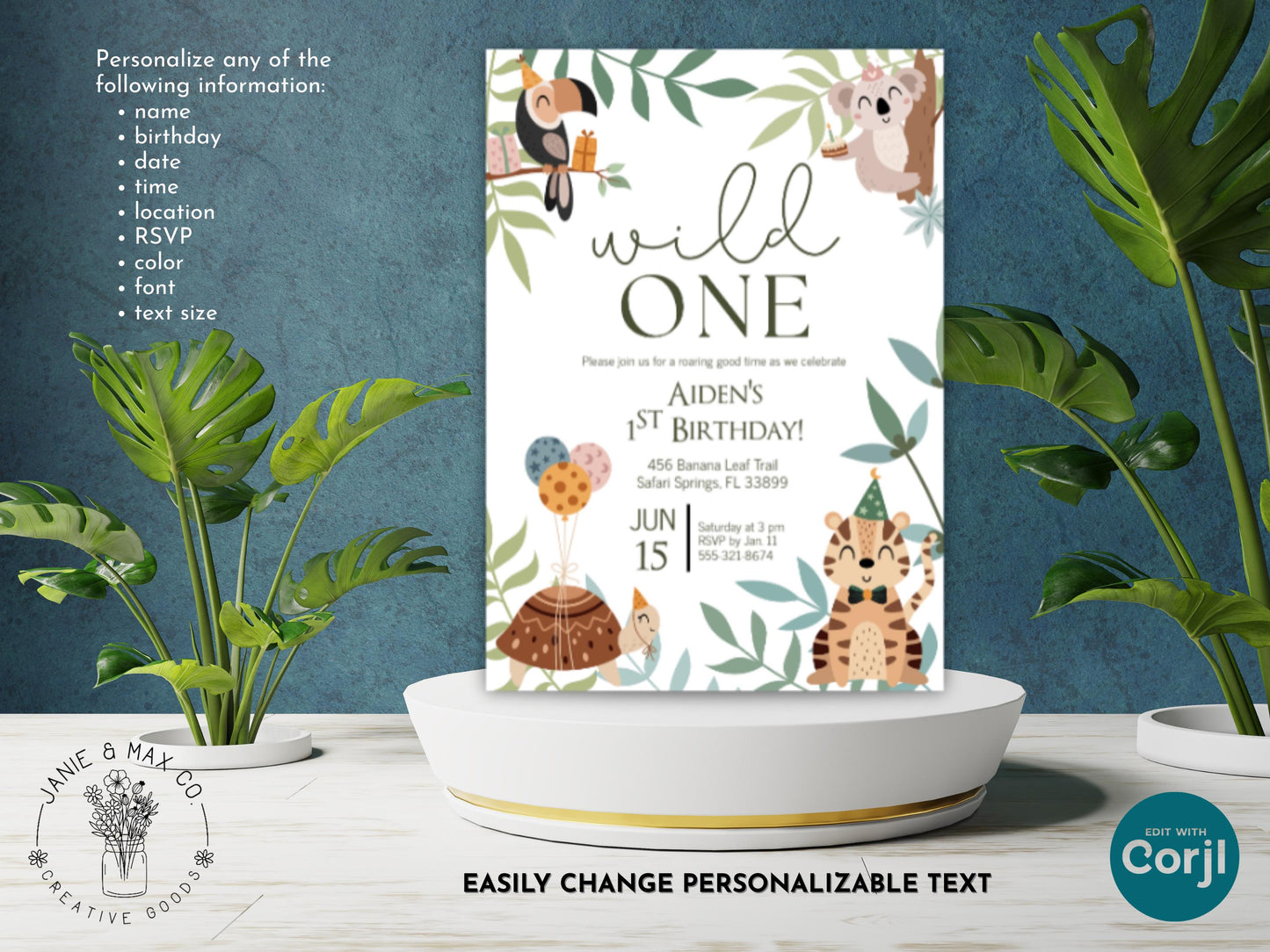 Wild ONE Birthday Invitation Editable Jungle Safari First Birthday Corjl Template Instant Download Boy or Girl