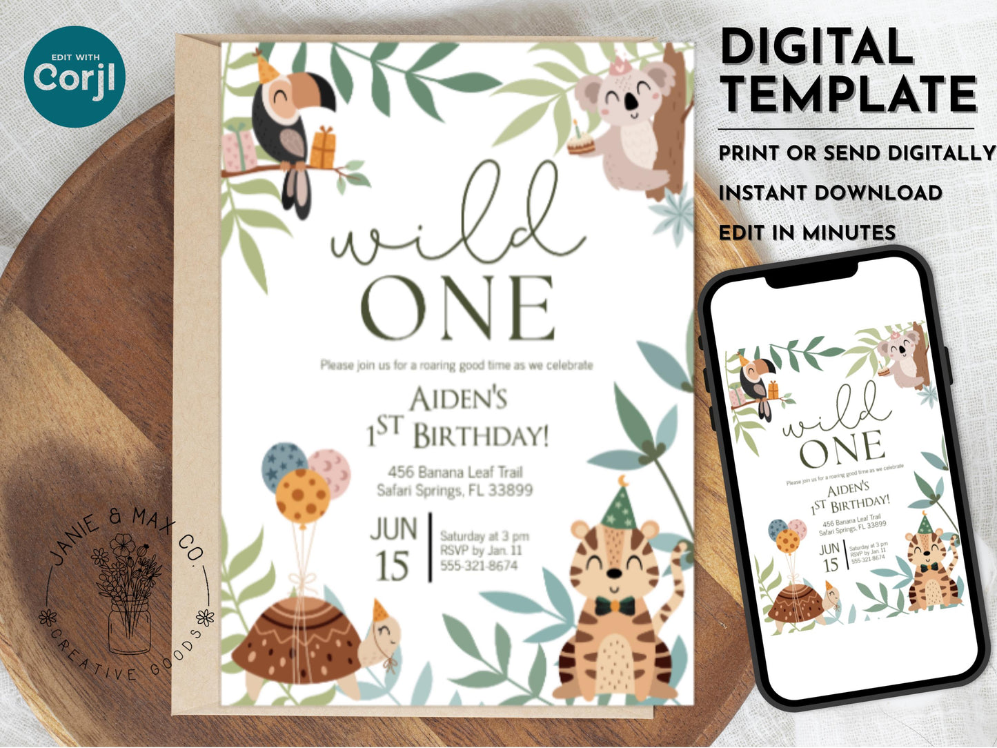 Wild ONE Birthday Invitation Editable Jungle Safari First Birthday Corjl Template Instant Download Boy or Girl