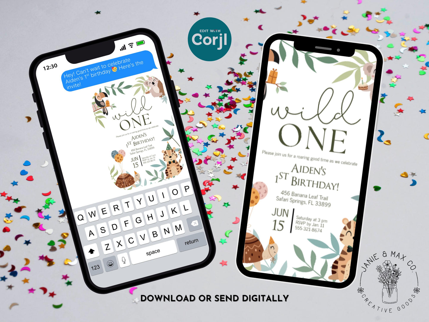 Wild ONE Birthday Invitation Editable Jungle Safari First Birthday Corjl Template Instant Download Boy or Girl