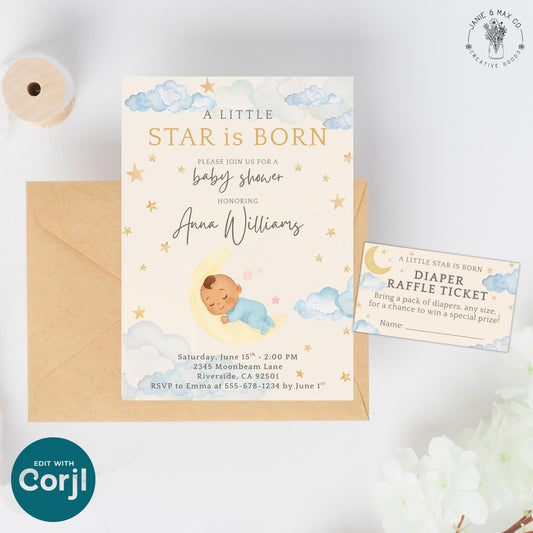 Little Star Is Born Diaper Raffle Ticket | Gender Neutral Baby Shower Insert | Editable Celestial Template | Instant Download