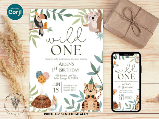 Wild ONE Birthday Invitation Editable Jungle Safari First Birthday Corjl Template Instant Download Boy or Girl