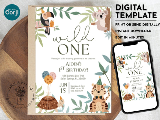 Wild ONE Birthday Invitation Editable Jungle Safari First Birthday Corjl Template Instant Download Boy or Girl