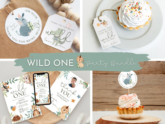 Wild ONE Birthday Party Bundle | Safari Jungle 1st Birthday Invite, Editable Printable Favor Tags & Thank You Cards