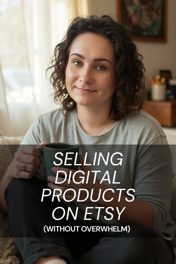 Selling digital products on Etsy without overwhelm, working from home on a laptop
